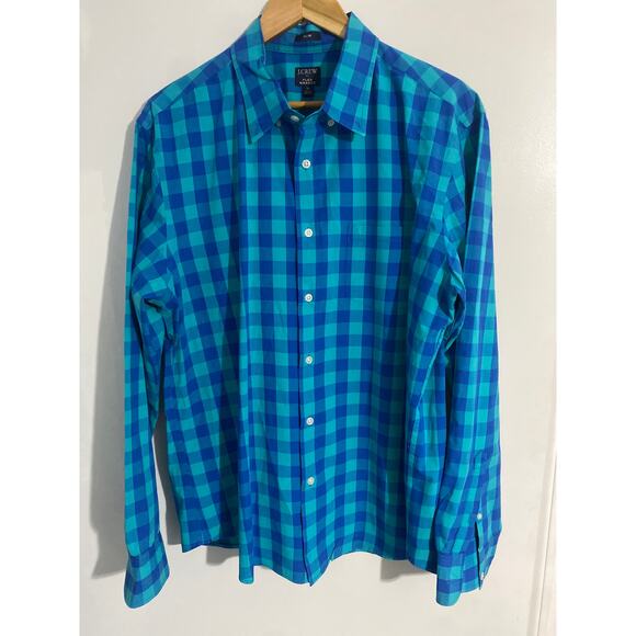 J Crew button down shirt men’s XL blue plaid cotton slim flex washed casual - Picture 1 of 5